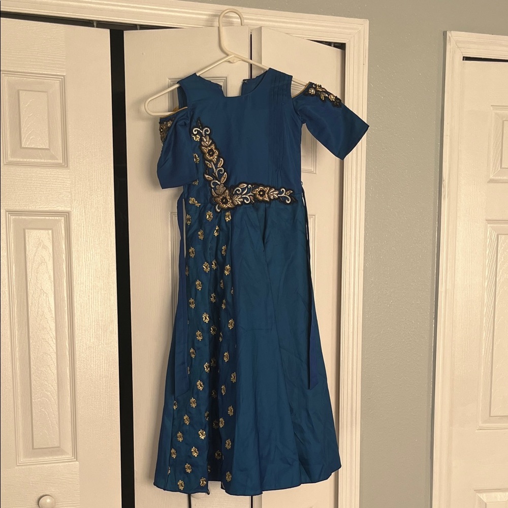 Elegant Blue Dress with Gold Embroidery